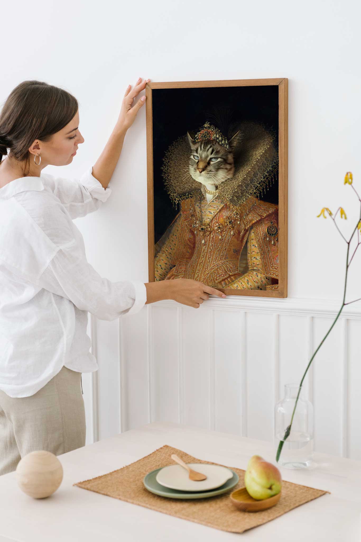 Woman Placing Custom Animal Portrait on Wall